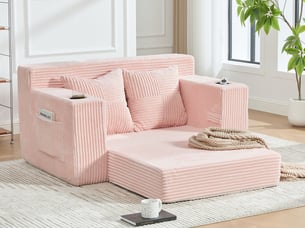 Canapé droit convertible 2 places, en velours côtelé, 2 coussins, porte-gobelet et poches latérales, 151 × 133 × 64 cm, rose