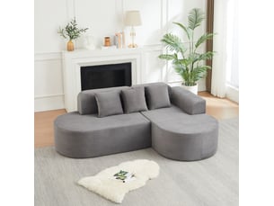 Canapé d'angle à méridienne incurvée avec accoudoirs arrondis et 3 coussins en velours côtelé gris, 220 × 155 × 70 cm
