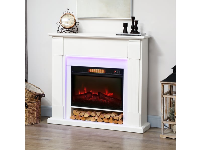  Cheminée électrique encastrable avec effet flamme 3d, bande lumineuse led rgb, 1800 w, minuterie, thermostat, blanche  - Conforama D