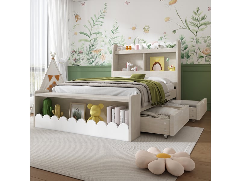  Lit enfant 90 x 190 cm avec tiroirs, rangements et sommier en bois, blanc et chêne clair  - Conforama E