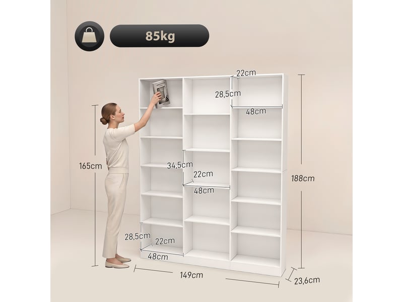  Bibliothèque 6 niveaux 17 compartiments 149 x 23,6 x 188 cm blanc  - Conforama E