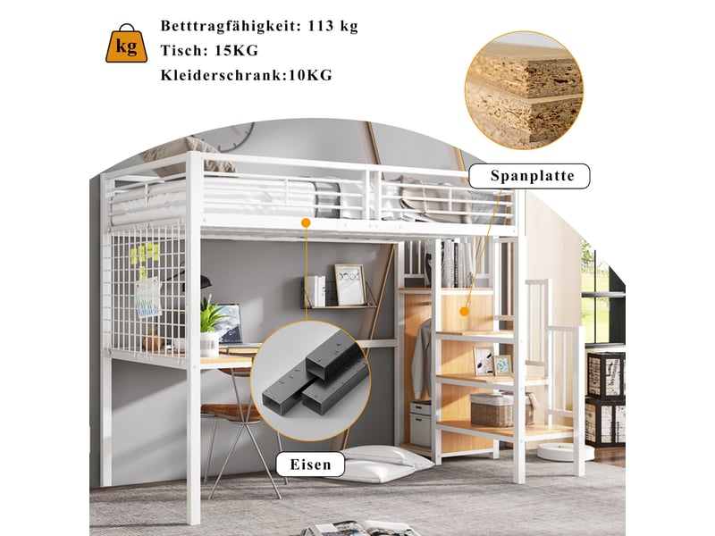  Lit superposé enfant en métal et mdf, blanc et naturel, 90x200cm, avec bureau, armoire et échelle latérale  - Conforama C