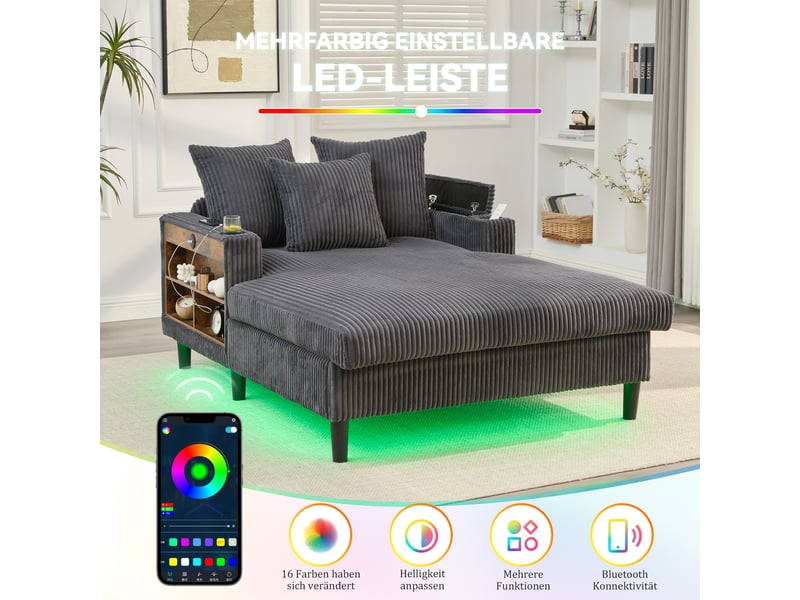  Méridienne en velours côtelé gris foncé 129x170x70 cm avec led, usb, rangement et porte-gobelets, salon chambre balcon 129x170x70cm - Conforama W
