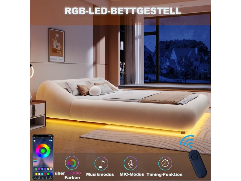 Lit 2 places 140x200 cm en velours avec tête de lit enveloppante, cadre flottant led, design arrondi moderne beige - Conforama D