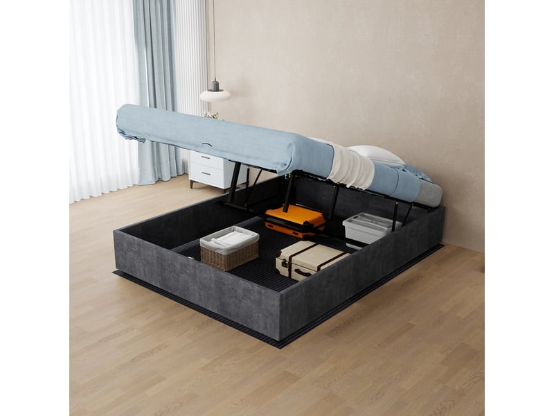  Cadre de lit coffre 140x200 cm gris en velours hollandais sans tête de lit - structure métal robuste  - Conforama B