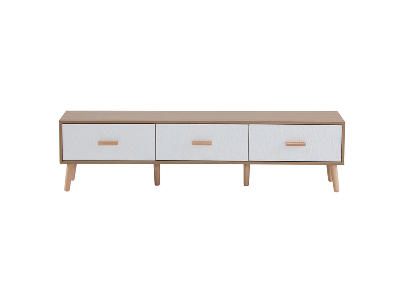  Meuble tv bas blanc et bois, style vintage avec trois tiroirs, meuble tv 150 cm pour grand écran, salon ou chambre  - Conforama A