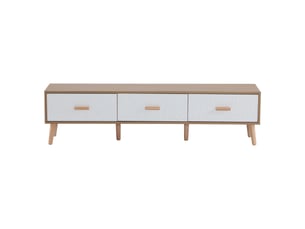 Meuble tv bas blanc et bois, style vintage avec trois tiroirs, meuble tv 150 cm pour grand écran, salon ou chambre