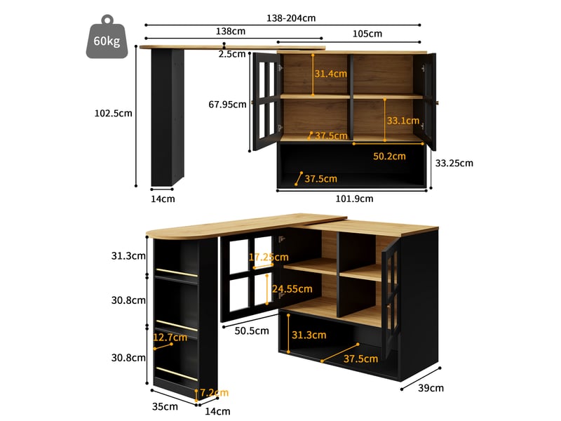 Ilot cuisine, buffet de cuisine avec rangements intégrés, plateau extensible, pivotant à 360°, dimensions 138 à 204 x 39 x 102,5 cm, mdf, noir - Conforama C