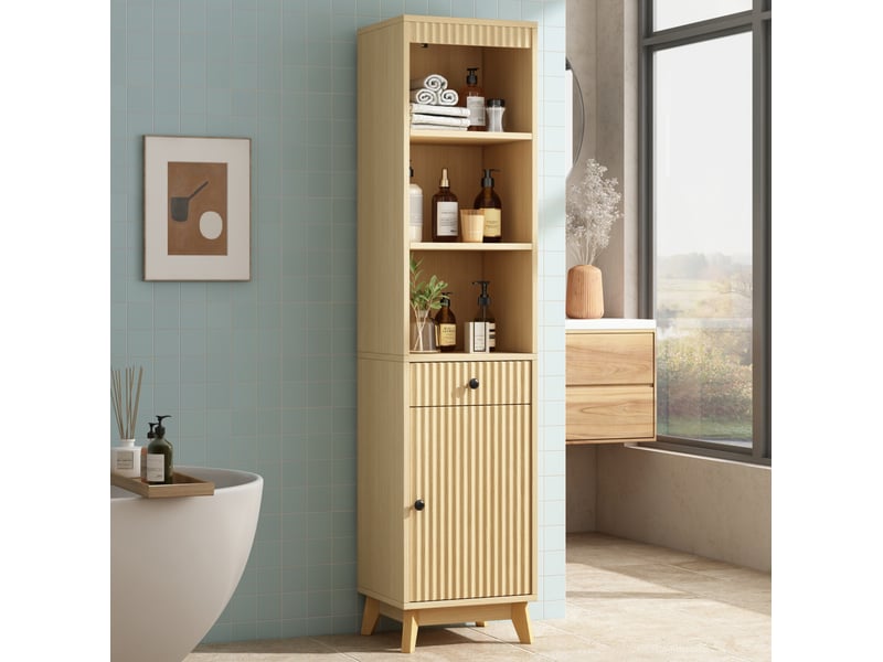 Armoire de salle de bain avec 1 porte réversible, tiroir et niches, fermeture douce en mdf naturel, 40 × 36 × 172 cm - Conforama B