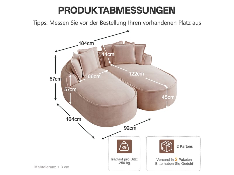  Canapé modulable 2 places 184x164x67 cm, sans montage, transformable couchage, tissu en chenille, rose  - Conforama C