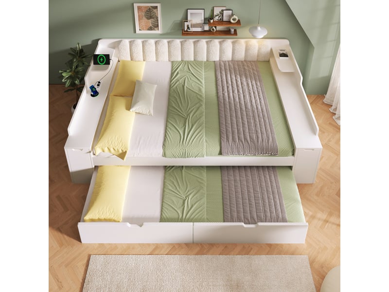 Lit gigogne 140x190 cm, couchage extractible 90x190 cm, station de charge usb-c, rangement latéral, dossier sherpa - blanc - Conforama E