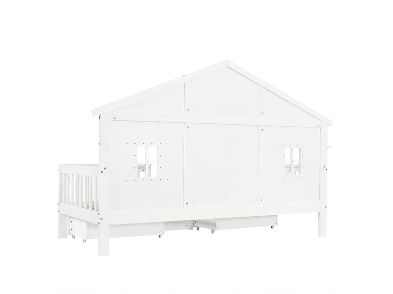  Lit cabane enfant avec tiroirs de rangement toit et fenêtre lit maison en bois sommier inclus  - Conforama W