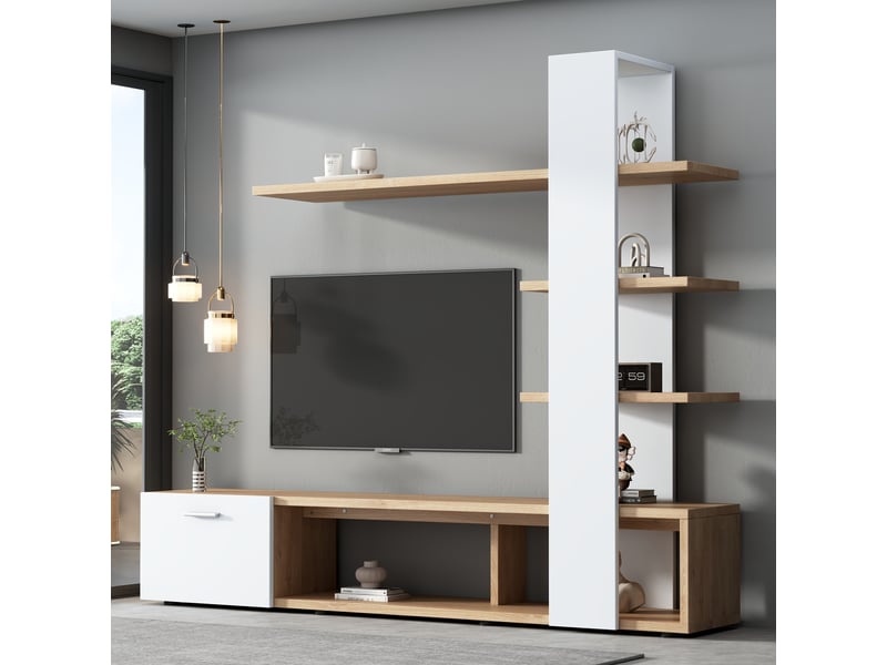  Ensemble meuble salon meuble tv mural blanc et bois pour tv 60 pouces 180 cm  - Conforama D