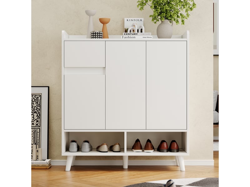  Meuble à chaussures avec étagères réglables, tiroirs et niches ouvertes, blanc, 90 × 35 × 99 cm  - Conforama C