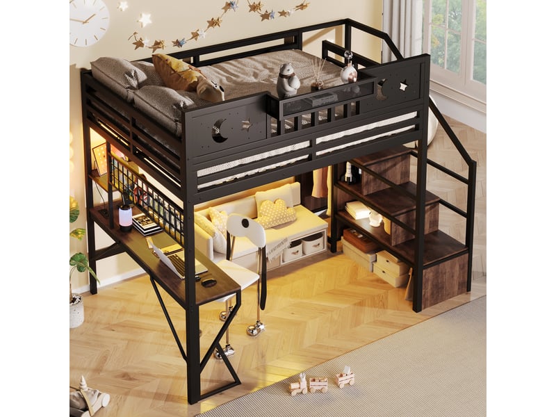  Lit mezzanine 140x200 cm, lit enfant, bureau, panneau perforé, étagères, barrière antichute, led, port usb, bois et métal noir  - Conforama E