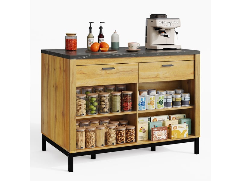 Îlot de cuisine, 120 × 75 × 90 cm, buffet avec 2 tiroirs et 4 étagères ouvertes, plan de travail en marbre noir - Conforama A