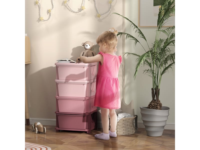  Organisateur de jouets pour enfants avec 4 tiroirs à 4 niveaux, boîtes de rangement en plastique, rose, 37 x 37 x 76 cm  - Conforama D