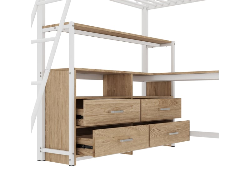 Lit mezzanine 140x200 cm avec bureau en l, tiroirs pratiques, structure métal et panneaux mdf, blanc, sans matelas  - Conforama R