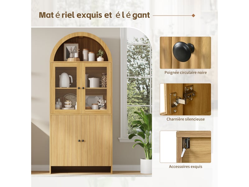  Vitrine buffet salon 78x40x176 cm, meuble rangement bois naturel avec portes vitrées et design bombé  - Conforama D