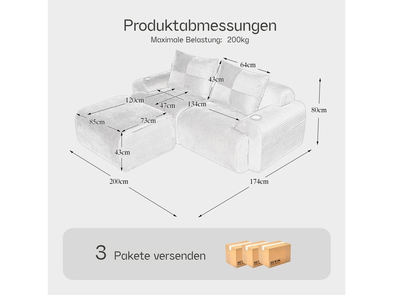  Canapé modulable 2 places 200x174x80 cm avec porte-gobelet et poche latérale gris clair  - Conforama D