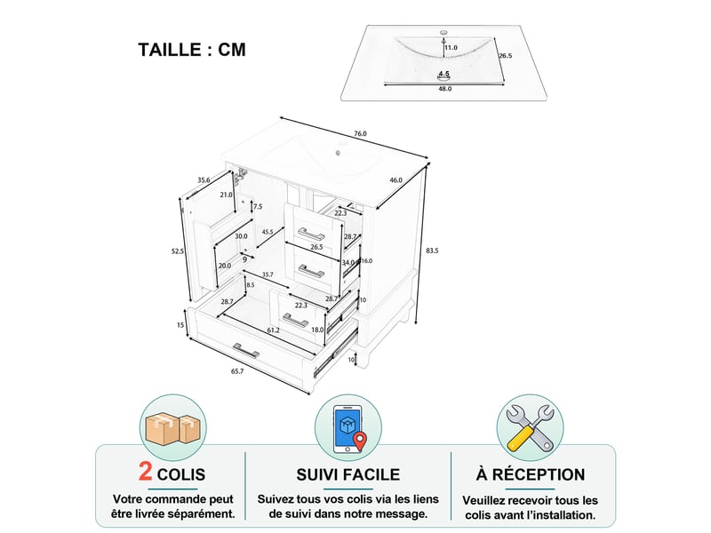  Meuble sous vasque avec 1 porte, 3 tiroirs et lavabo en céramique pour salle de bain, en mdf, blanc, 76×46×83,5 cm  - Conforama D