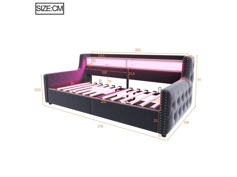  Lit coffre 90x200, rangement intégré lit une personne, ouverture hydraulique assistée, dossier accoudoirs épais, led ports usb  - Conforama C