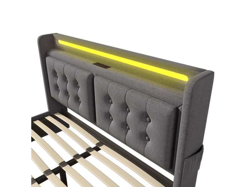 Lit coffre,160x200 cm,avec led et recharge usb-c,coton lin,gris - Conforama E