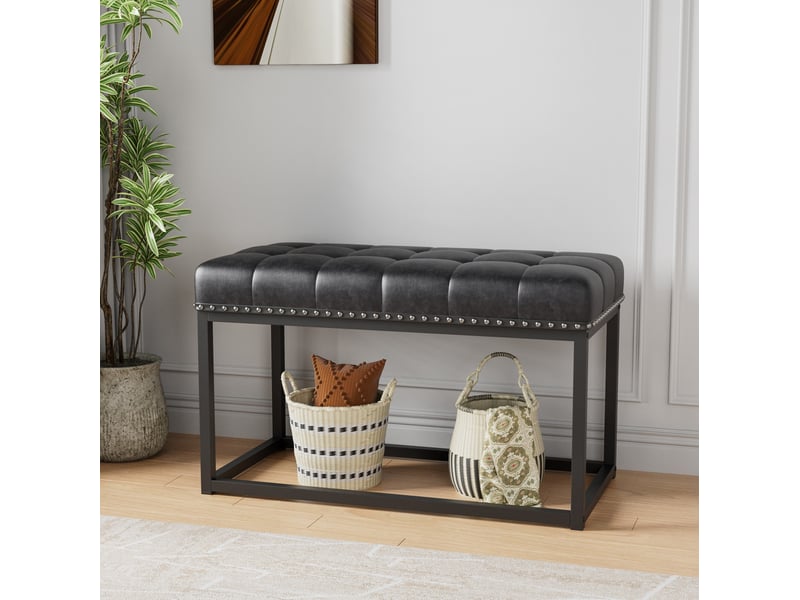  Banc 90x46x52 cm en similicuir noir, style vintage, structure métal  - Conforama B