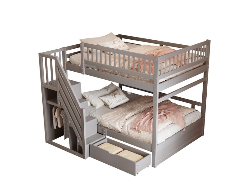  Lit superposé enfant 200×140 cm avec escalier de rangement et tiroirs, sans matelas, en bois gris  - Conforama A