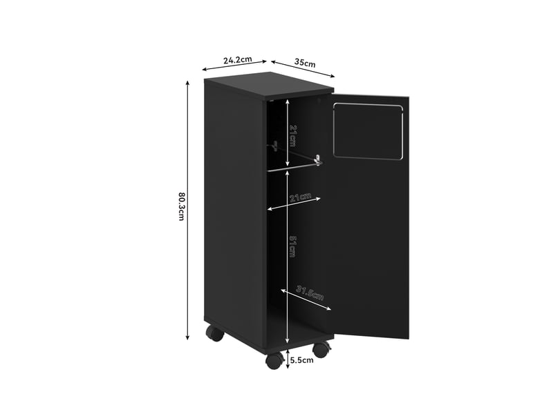  Meuble poubelle 24,2x35,1x80,2 cm avec roulettes, porte magnétique à ouverture 180°, support sac intégré en mdf finition noyer brillant - noir  - Conforama E