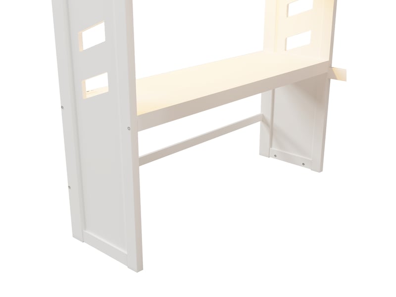  Lit mezzanine 200×140 cm avec bureau, 2 tiroirs, éclairage led et ports usb et usb-c, sans matelas, blanc  - Conforama E