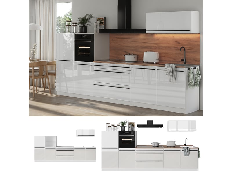  Vicco cuisine, blanc haute brillanceblanc, 340cm plan de travail chêne doré  - Conforama D