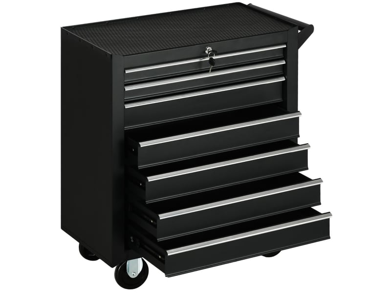 Servante d'atelier 69 x 33 x 75 cm noire en acier, 7 tiroirs verrouillables sur roulettes avec poignée - Conforama A