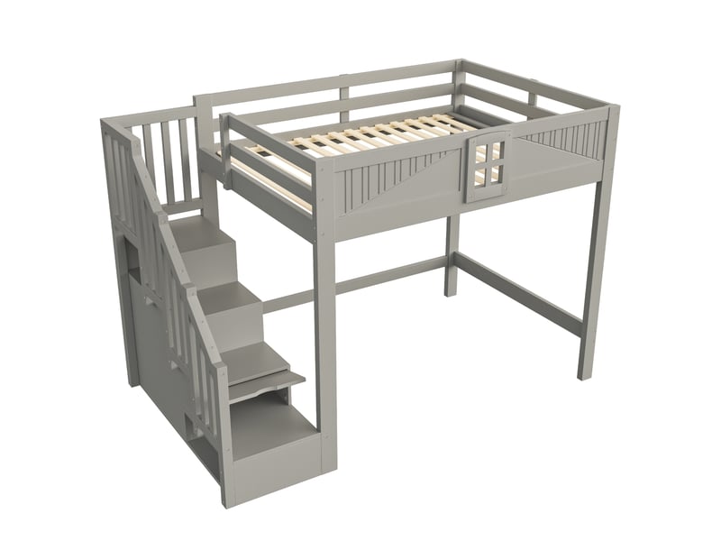 Lit mezzanine 140×200 cm avec échelle de rangement et barrière, bois gris - Conforama A