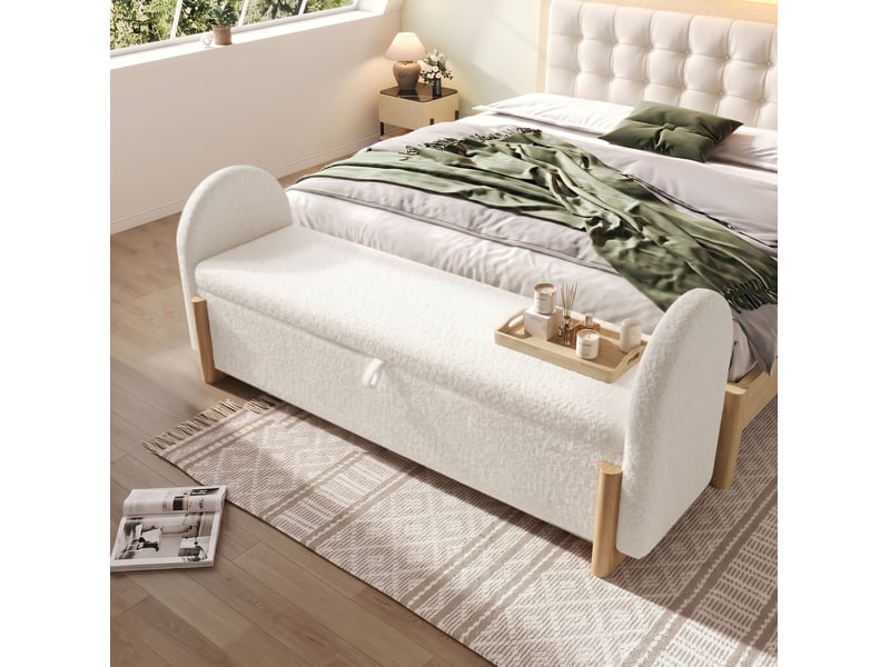  Banc de lit avec rangement hydraulique 106 x 47 x 61 cm blanc, tissu bouclette chenille, fermeture douce  - Conforama B