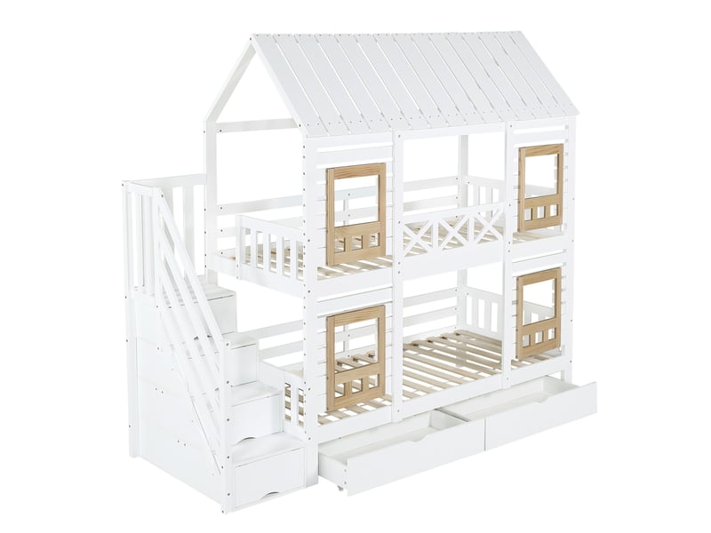  Lit superposé pour enfant, avec barrière de sécurité contrastée, fenêtre, deux tiroirs à roulettes, escalier avec 4 compartiments de rangement, pin et mdf, blanc et naturel, 90 x 200 cm  - Conforama E