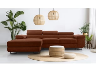 Canapé d'angle gauche convertible <strong>AX LIVING </strong> <strong>Arborio</strong> 5 places Velours côtelé rouge avec coffre de rangement