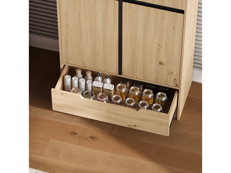  Buffet haut 80x35x180 cm naturel avec grand tiroir, rangements de porte et étagères réglables Fay Lum - Conforama E