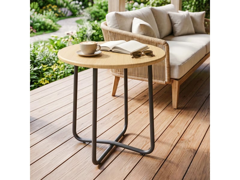 Table de jardin ronde en métal pour balcon et terrasse, ø48 x 51 cm, effet bois naturel - Conforama C