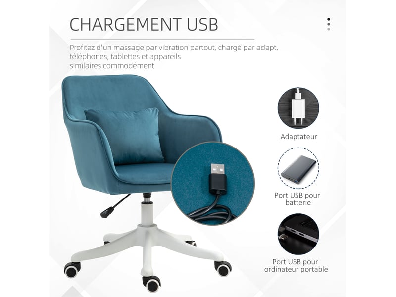  Chaise de bureau velours fauteuil bureau massant coussin lombaire intégré hauteur réglable pivotante 360° bleu  - Conforama E