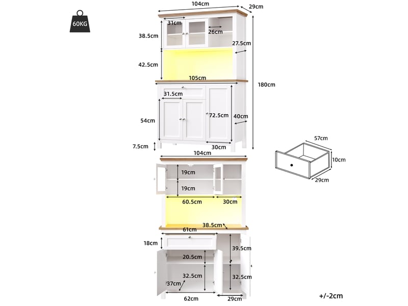  Vaisselier blanc avec led, armoire de cuisine 180cm avec portes coulissantes (sans matelas)  - Conforama E