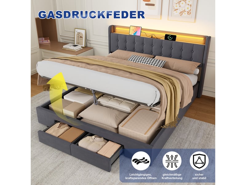  Lit coffre 2 places 180x200 cm avec led et tiroirs, coloris gris  - Conforama E