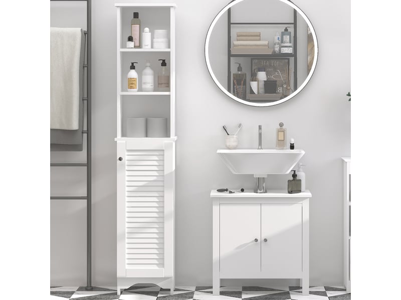 Meuble colonne salle de bain 3 niches placard persienne porte 3 étagères mdf panneaux de particules blanc - Conforama D