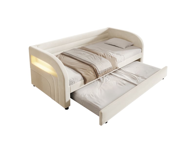  Lit 90x200 cm rembourré beige avec lit gigogne, led multicolore et sommier  - Conforama A
