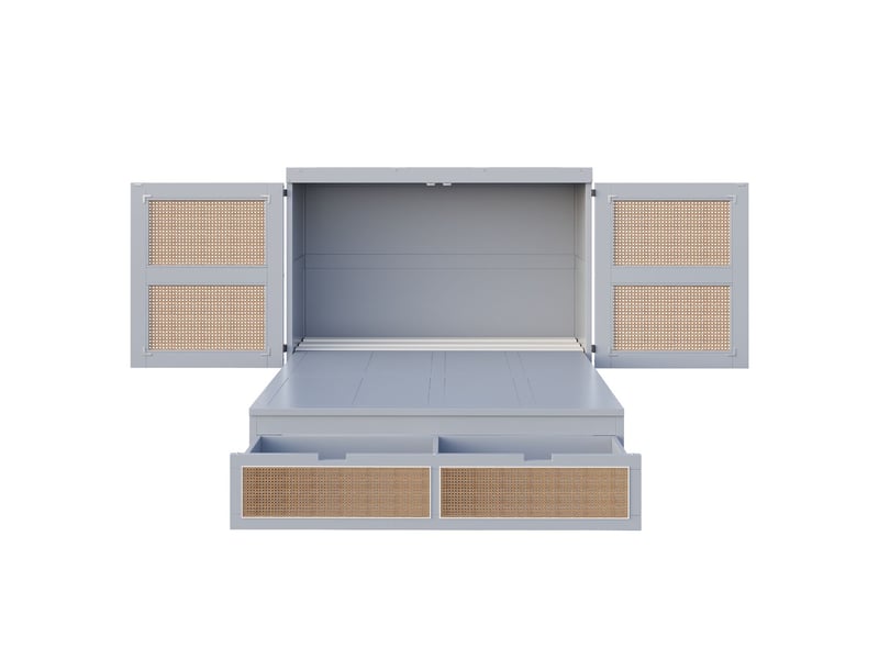  Lit coffre 140x200, gain d'espace lit double, rangement intégré, structure bois massif, design rotin  - Conforama A