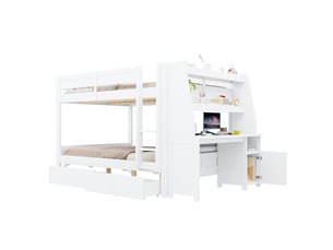 Lit superposé 140 × 200 cm avec bureau, armoire, étagères, 2 tiroirs et rangement modulable, chambre enfant blanc