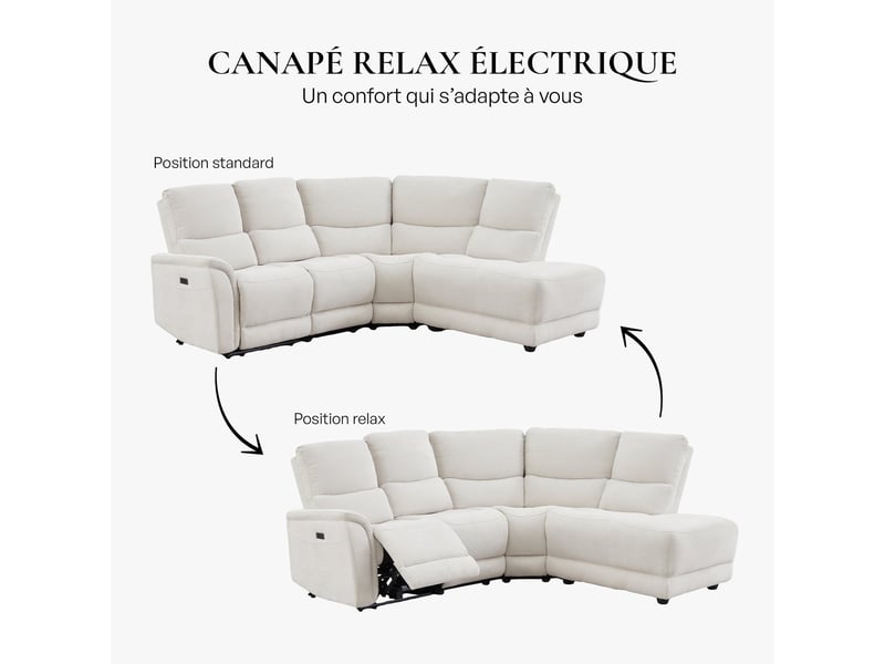  Canapé d'angle relax électrique en tissu blanc écru - angle droit  - Conforama D