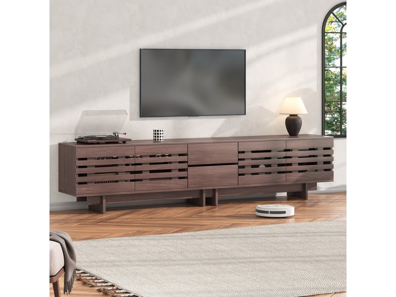 Meuble tv 200x39,5x55 cm - meuble bas avec 4 portes, 2 tiroirs et 6 espaces de rangement, pour tv jusqu’à 80 pouces - noyer - Conforama D