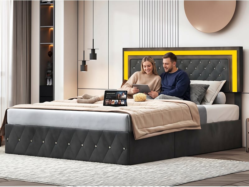  Lit coffre 160x200 cm - led intégrée - velours capitonné - sommier relevable - grand rangement  - Conforama E