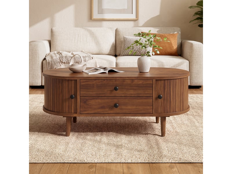  Table basse ovale effet noyer, avec 2 tiroirs, 100 x 50 x 40 cm  - Conforama B